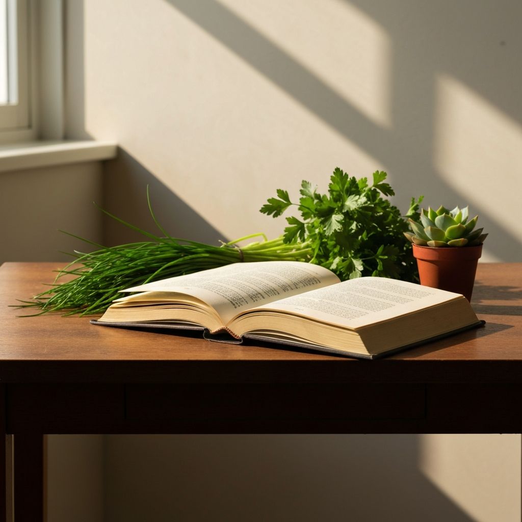 An open book alongside fresh herbs and a small plant on a wooden desk with soft natural light