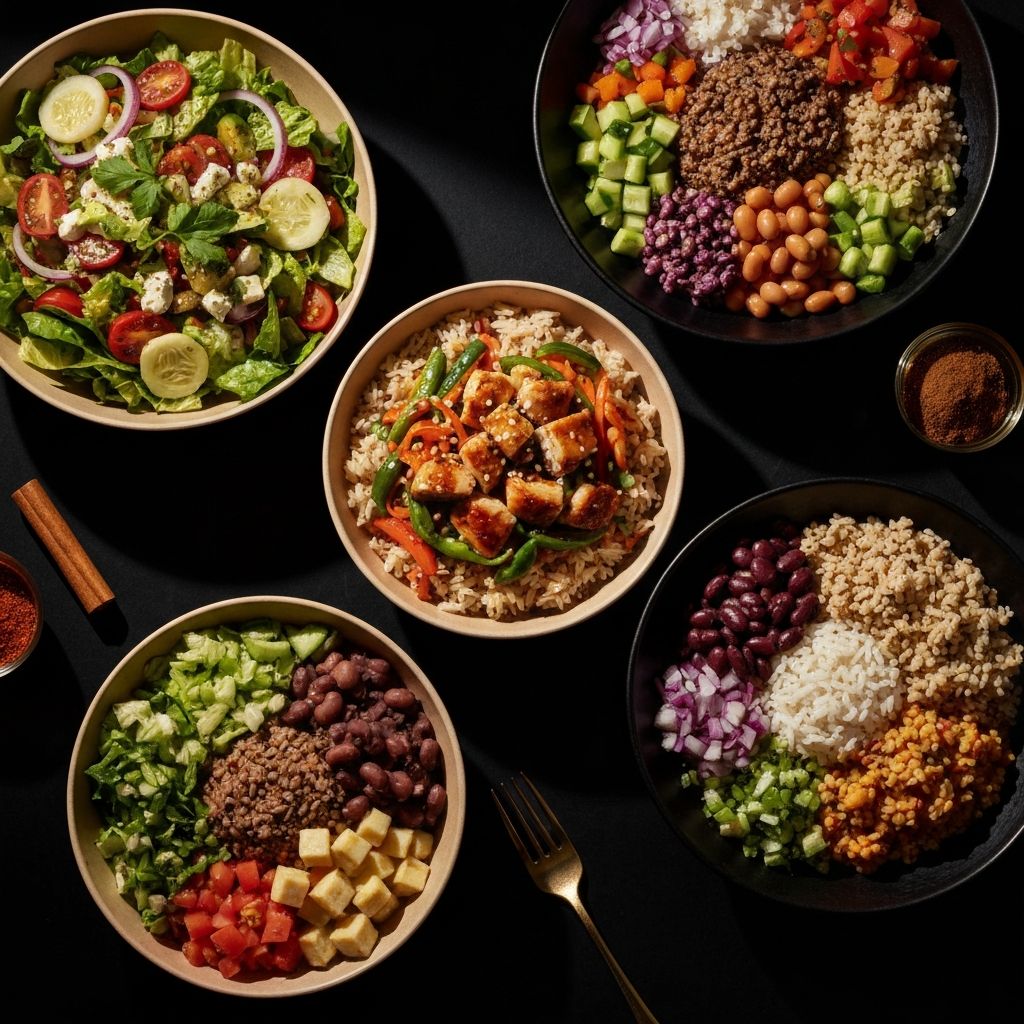 An overhead composition of globally diverse prepared dishes representing different culinary traditions